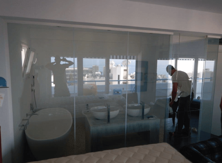 Switchable Smart Glass Bathroom privacy screen switched to on