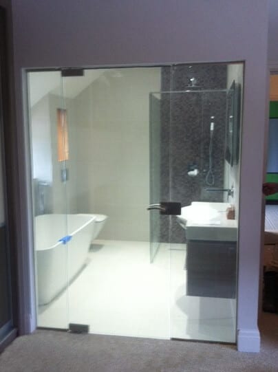 Bathroom privacy smart glass door switched to on