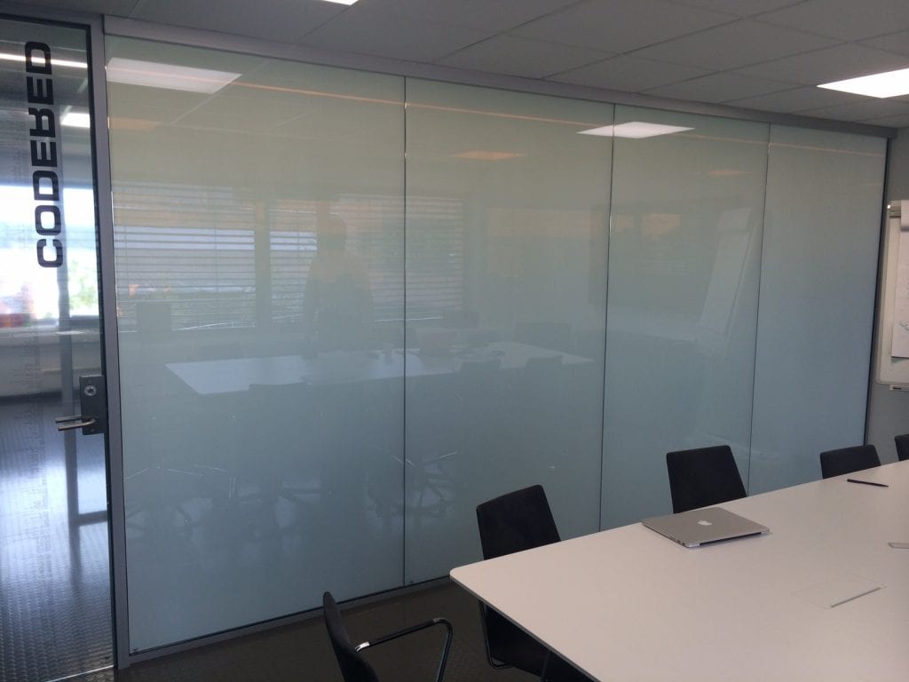 Switchable smart glass office partition - switched off frosted